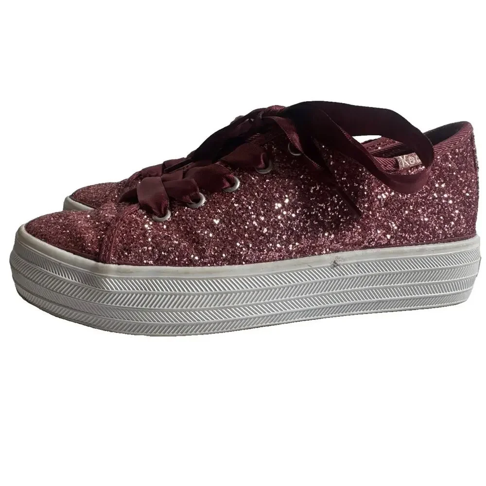 Keds Girls Pink Glitter Platform Sneakers Satin Ribbon Lace Shoes Youth Size 1